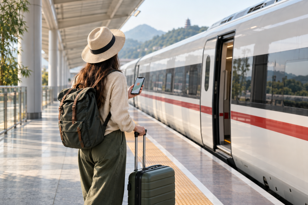 An international traveller preparing to board a high-speed train in China