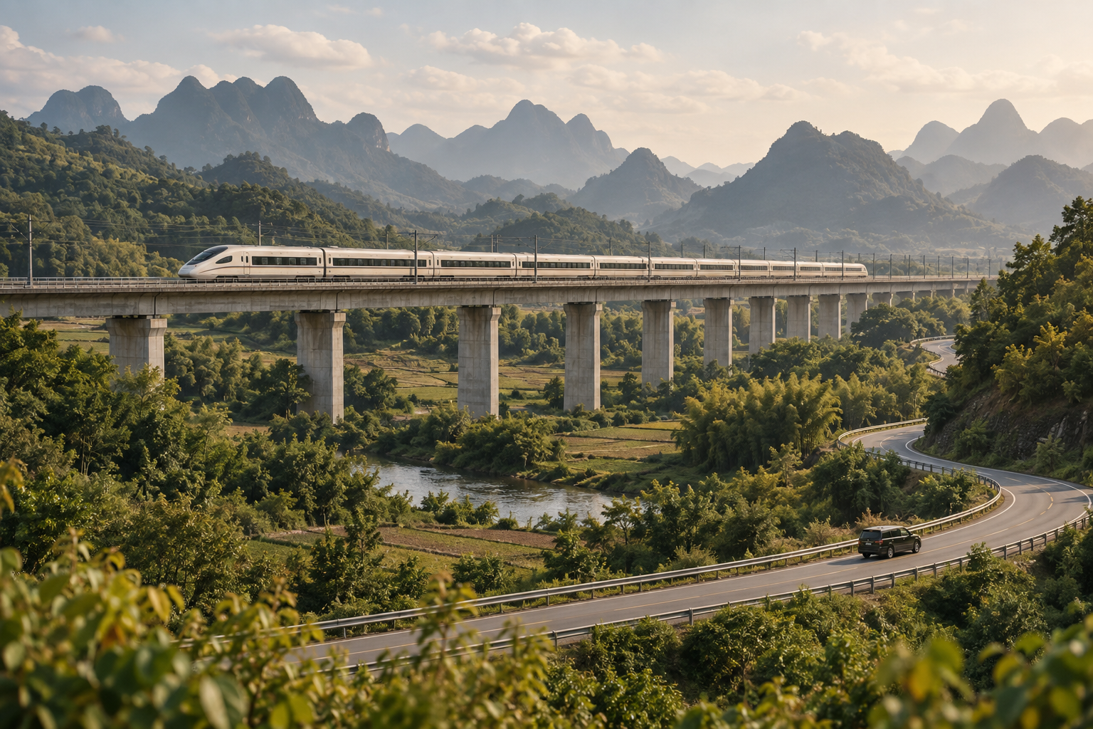 A high-speed train and private transfer vehicle travelling through the Chinese countryside