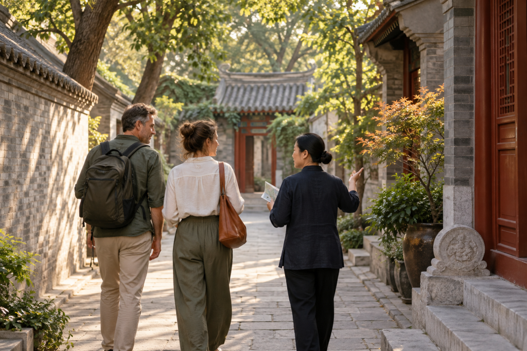 A private local guide showing two travellers around a traditional courtyard in Beijing