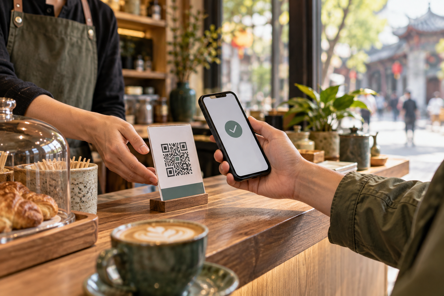 An international visitor making a mobile payment at a café in China