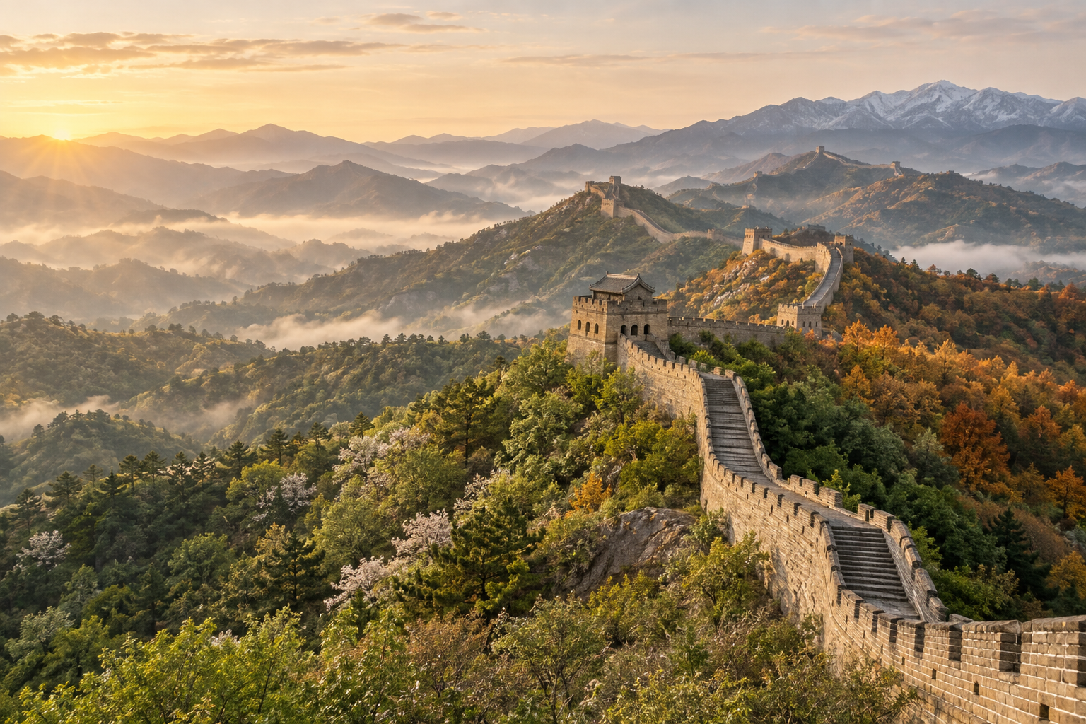 The Great Wall of China across mountains in changing seasons